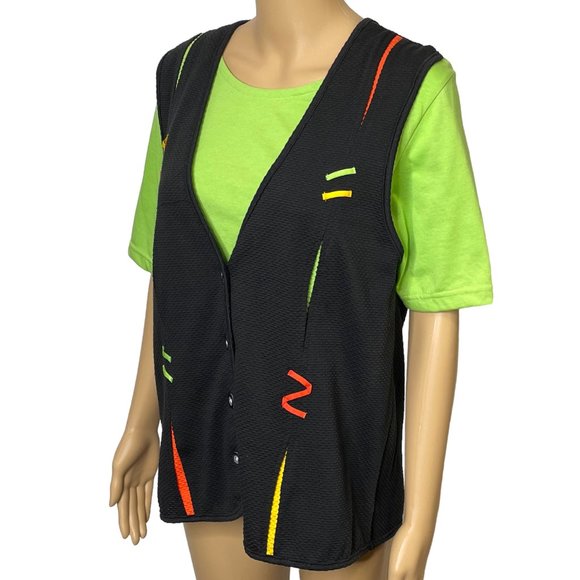 RARE‎ Vintage Blast Petites Women's M PM 1-Piece Green Black Blouse Vest Combo - Picture 7 of 12